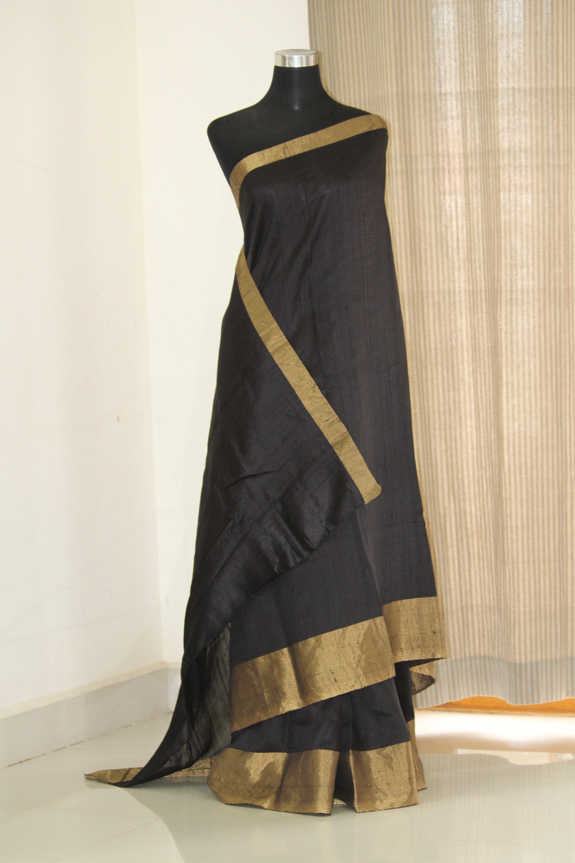 Pure Dupion silk saree with zari border, pure raw silk saree, black saree, black raw silk saree, pure silk saree online