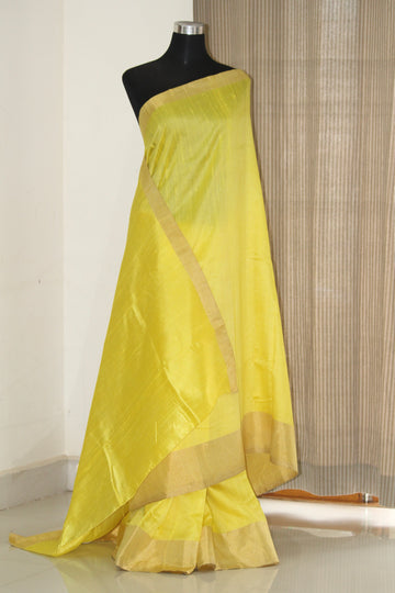 Pure Dupion silk saree with zari border, pure raw silk saree, yellow saree, yellow raw silk saree, pure silk saree online
