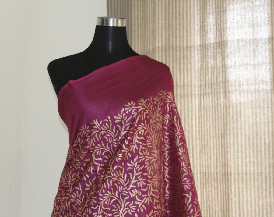Golden printed pure tussar silk saree
