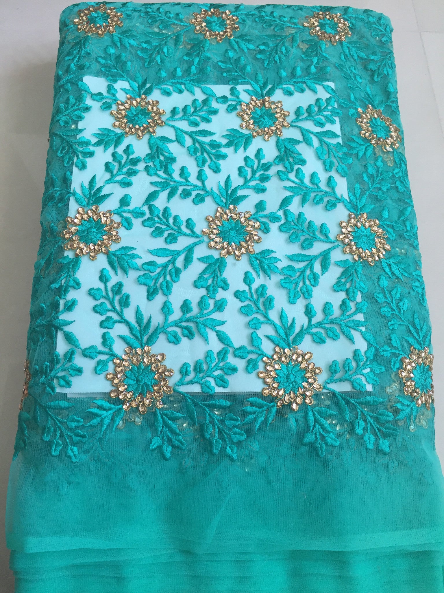 THREAD AND KUNDAN STONE EMBROIDERED NET FABRIC 80 cms cut