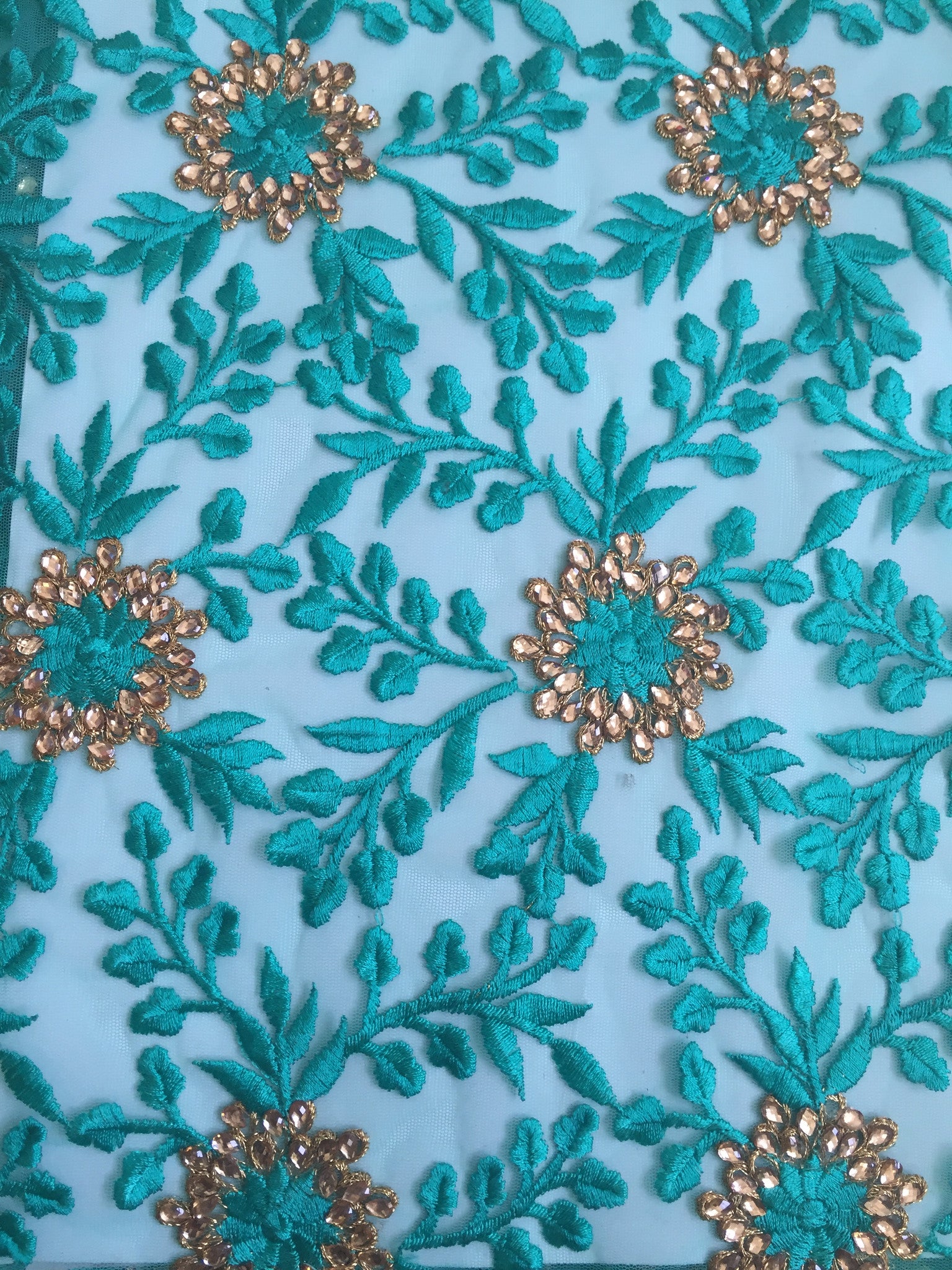 THREAD AND KUNDAN STONE EMBROIDERED NET FABRIC 80 cms cut